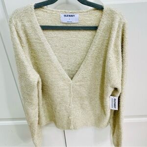NWT Old Navy Ivory Gold Metallic Textured Shine Crop Button V Neck Cardigan